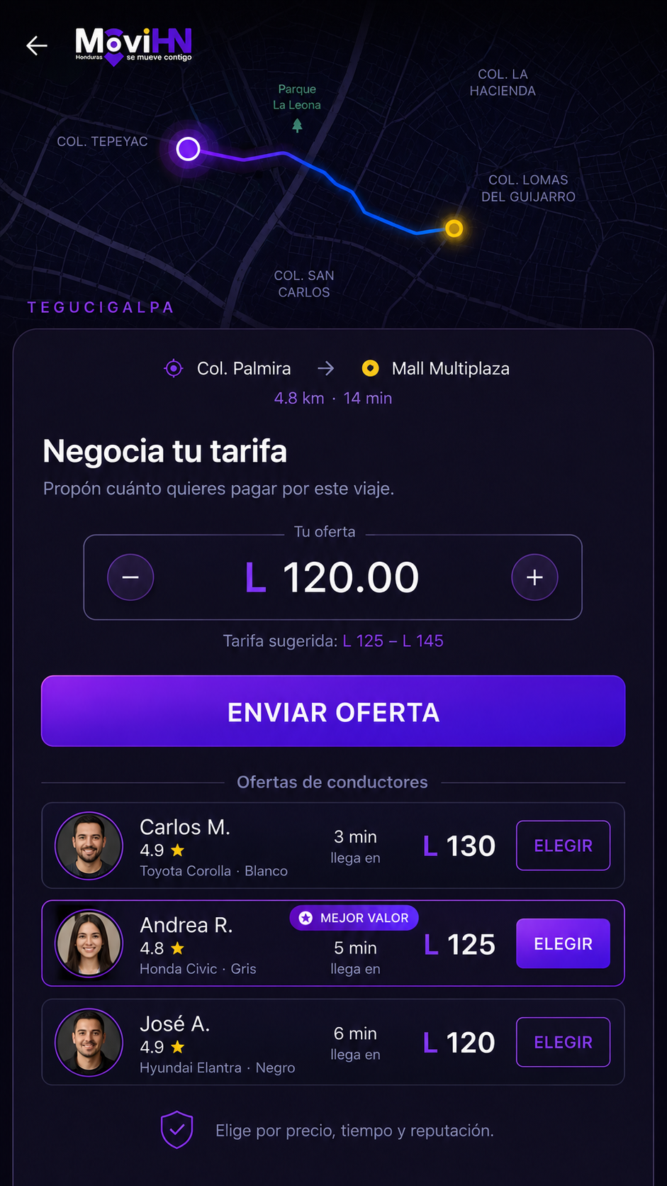 Pantalla de negociación del viaje